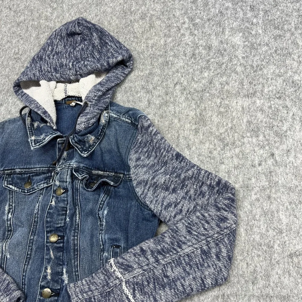 Free People Jacket Womens S Blue Denim Jean Hooded Knit Sleeve Distressed - Picture 11 of 16